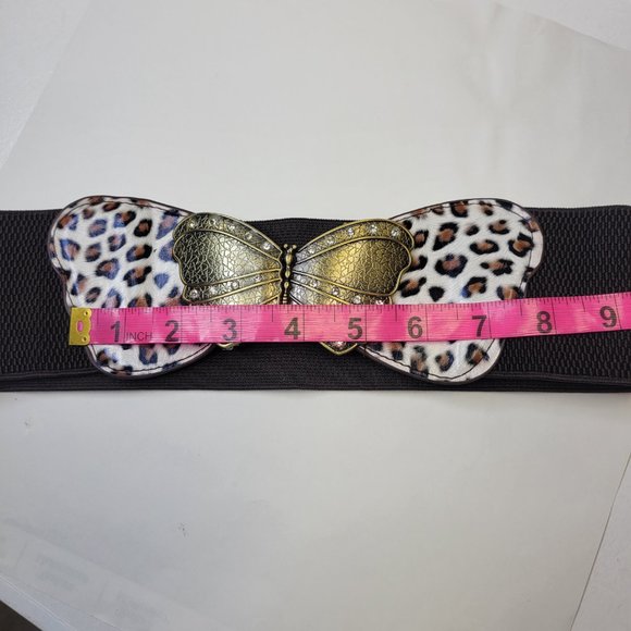 Butterfly Buckle Stretch Belt Animal Print Antique Gold Tone Buckle Brown Cream - Picture 9 of 16